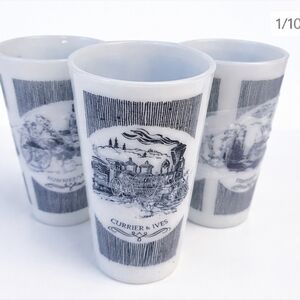 Currier & Ives Milk Glass Tumblers Set of 4 Vintage Black White Transportation
